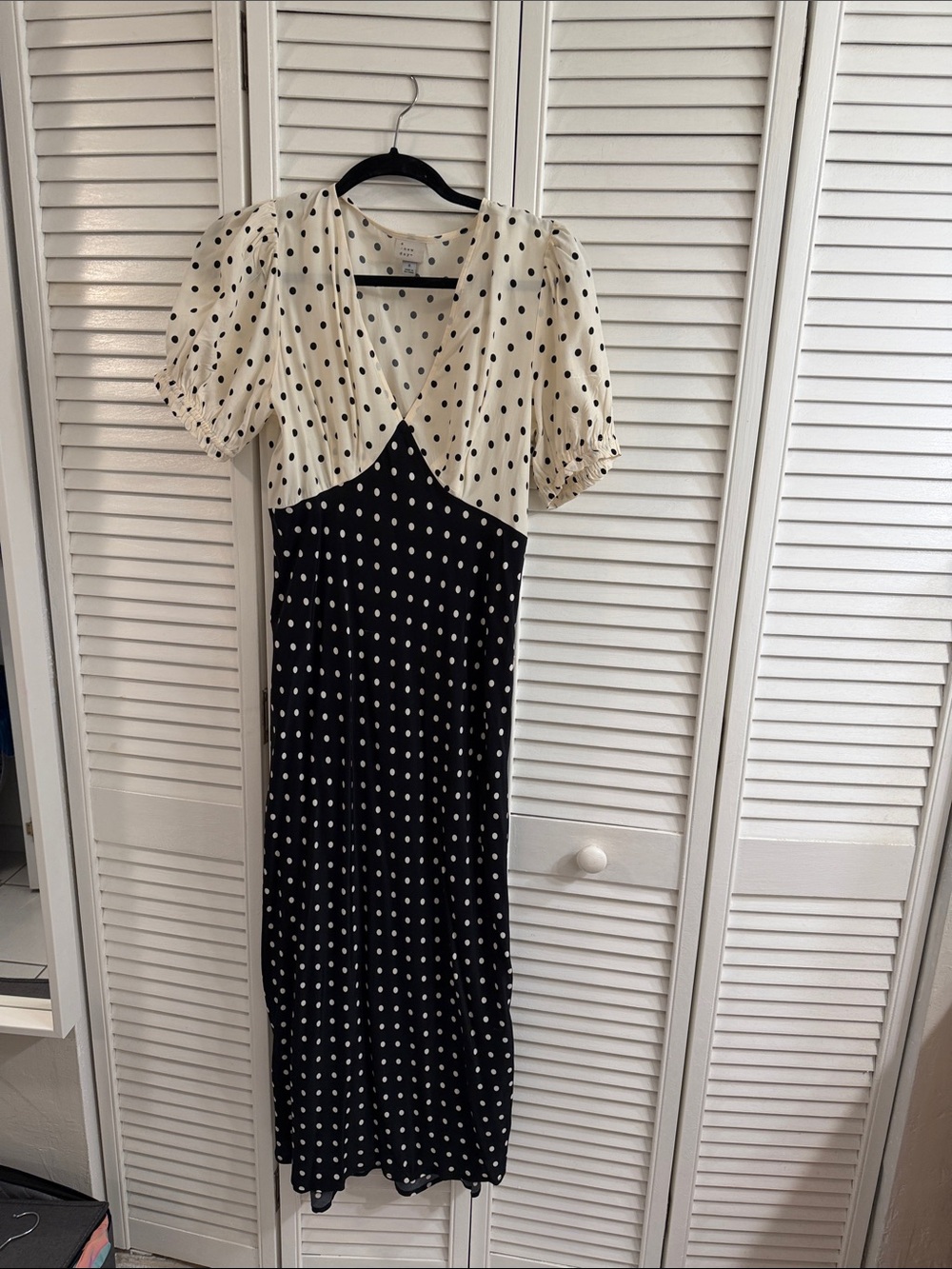 a new day Cream and Black Polka Dot Asymmetrical Midi Dress